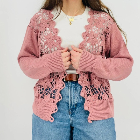 vintage dusty rose pink crocheted ramie cotton blend cardigan sweater cottage L - Picture 6 of 9